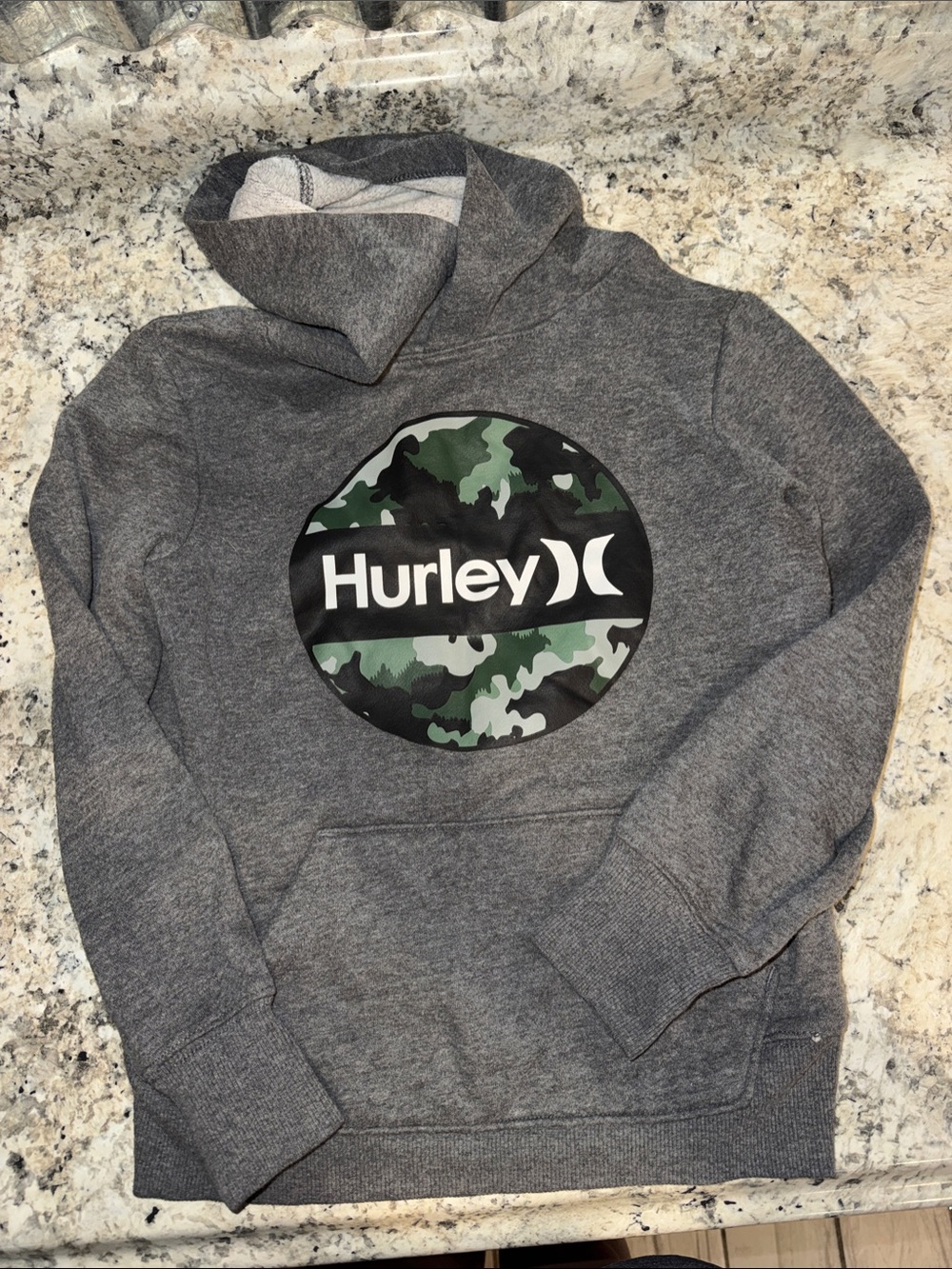 Hurley Gray Hoodie with Green Camo Logo Patch